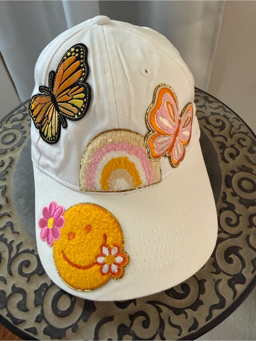 White Baseball Cap Butterfly Rainbow OS
